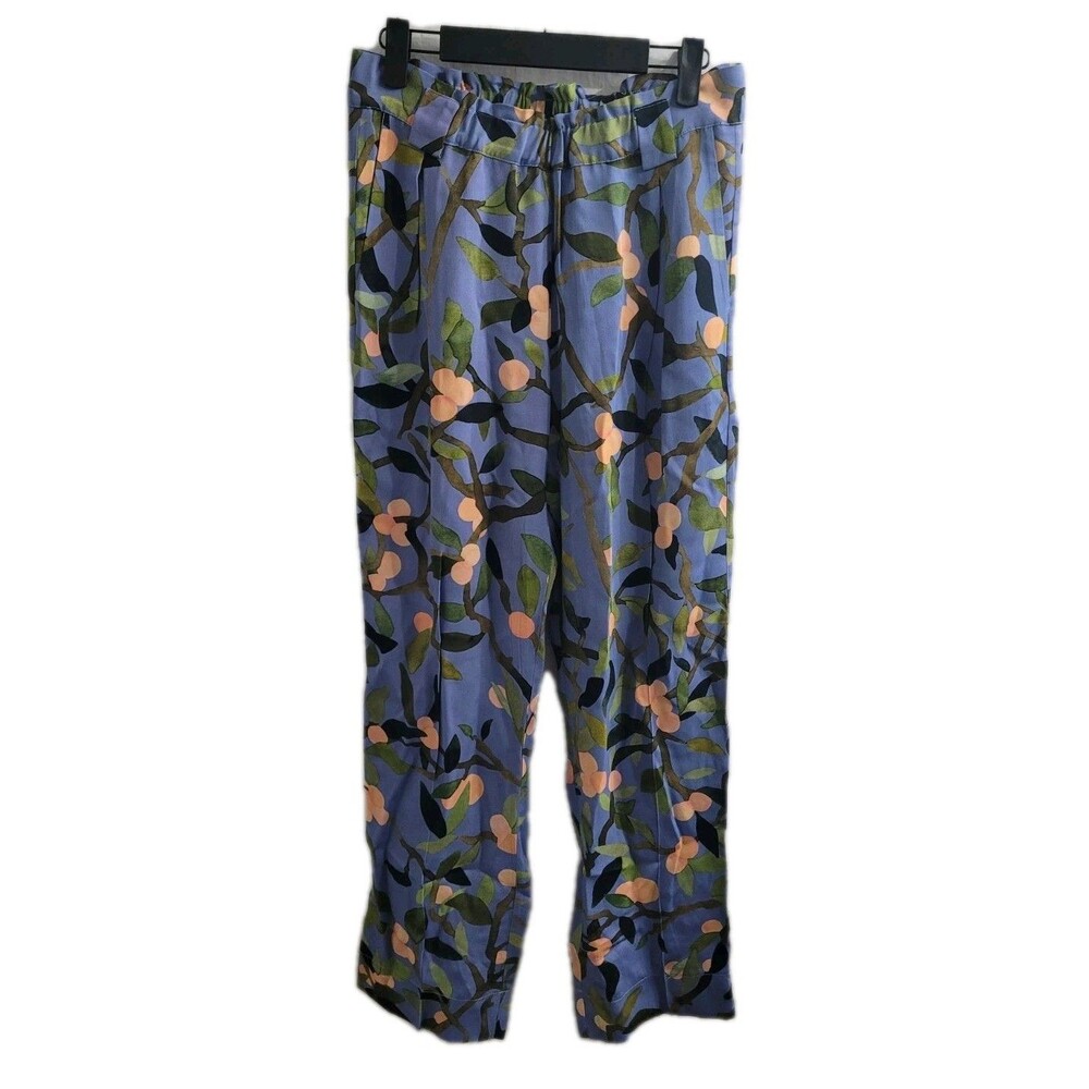 Stine Goya Vinnie Pants Sz S Blue Peach Tree Print Straight Leg Viscose Trousers